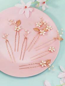 Bộ 7 kẹp tóc cô dâu hình hoa đính ngọc trai màu vàng hồng, phụ kiện tóc cưới đính pha lê. - Vàng - Xem 6
