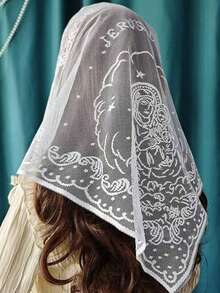 1pc Lace Floral Trim Wedding Veil Scarf, Fashion Breathable Lace Edge Church Headscarf - Cross - 查看 5