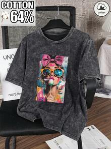 Áo thun nữ tay ngắn cổ tròn chất liệu cotton pha màu, kiểu dáng đơn giản và cổ điển với họa tiết in hình cô gái cá tính, phù hợp cho phái nữ mặc đi làm vào mùa xuân, hè và thu. Phong cách thường ngày. - màu đen - Xem 2