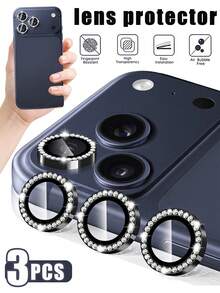 Alloy Black Glitter Rhinestone 3pcs Camera Lens Protector Compatible With Iphone 17/16 PRO MAX/16PRO/16 Plus /15 PRO MAX/15 PRO/14 PRO MAX/14 PRO/13 PRO MAX/13 PRO/12 PRO MAX/12 PRO, AR+AF Tempered Glass, 9H Scratch-Resistant Metal Single Lens Cover, HD Clear Camera Accessories, Compatible With Phone Cases Black, Mother's Day Gift - Black - View 11
