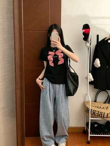 Quần kẻ caro nữ mùa xuân/hè mới, quần ống rộng dáng thoải mái, kiểu dáng thường ngày. - Màu xanh lam - Xem 8