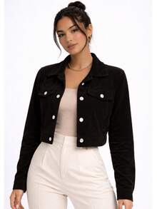 Women's Cropped Jacket With Gold Buttons – Casual Chic - Black - View 2