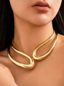 1 Set Vintage Asymmetrical Multi-Layer Hollow Minimalist Alloy Open Necklace Choker And Bracelet, Gold/Silver Collarbone Neck Accessory, Charming Daily Wear Jewelry Gift For Women - Yellow Gold - View 3