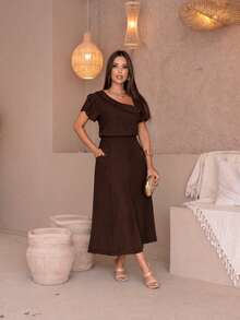Skirt And Blouse Set In Twill Viscose; Short-Sleeved Blouse With Boat Neckline; Midi A-Line Skirt With Pockets And Front Slit. - 咖啡棕 - 查看 3
