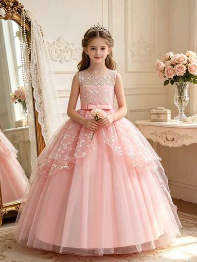 Girls' Princess Dress, Wedding Flower Girl Dress With Trailing, Birthday Party Formal Dress For Little Hostess