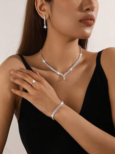 5pcs Luxury Teardrop Zirconia Necklace & Earrings Set, Exquisite Design, Suitable For Women's Daily, Wedding, Party, Holiday, And Gift Giving