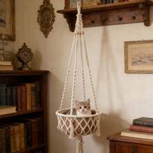 1pc Macrame Cat Hammock, Bohemian Style Hanging Cat Swing, Handmade Tasseled Cat Bed, Cat Climbing Frame Hammock Decor - Cushion Not Included - Beige - View 4