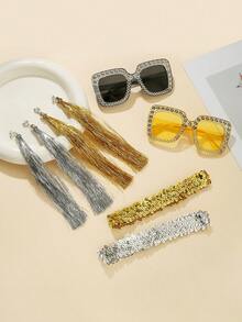 3pcs Disco Glitter Party Outfit Set: Sequin Headband + Rhinestone Sunglasses + Tassel Clip-On Earrings, Suitable For Cosplay, Halloween Party, And Daily Gatherings - Multicolor - View 5
