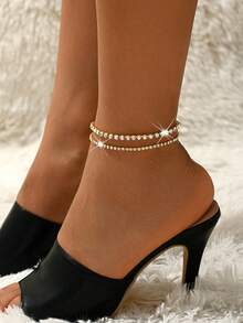 Women's Shiny Gold Crystal Double-Layer Anklet, Rhinestone Anklet, Fashionable Foot Jewelry, Suitable For Bridal, Beach Trips, And Graduation Gifts - Gold - View 2