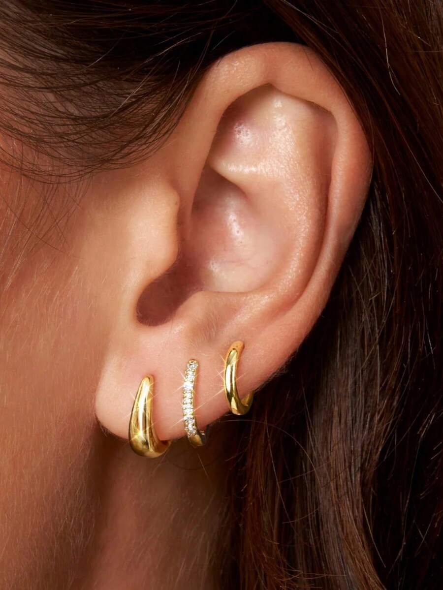 Set de 6 piezas de pendientes de aro pequeños elegantes de plata con incrustaciones de cobre y circonita cúbica, un conjunto de joyas versátil y elegante para uso diario, regalo para amigos - Conjunto de pendientes - Ver 1