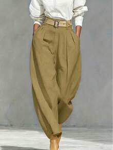 Women's Solid Color Zipper Pocket Pleated Casual Loose Pants (Belt Not Included) Spring - Khaki - View 3
