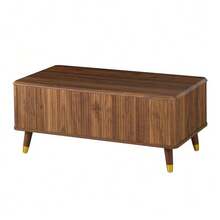 Modern Retro-Style Coffee Table, Height-Adjustable Tabletop, Wavy Structure, Walnut Finish, Wooden Legs, Ample Storage Space, Multifunctional Living Room Table. - Natural Color - View 9
