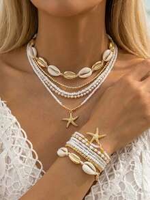 5pcs Summer Beach Style Pearl, Starfish, Shell Necklace Set, Suitable For Women's Vacation Accessories, Dating, Gifts, Festivals - Multicolor - View 2