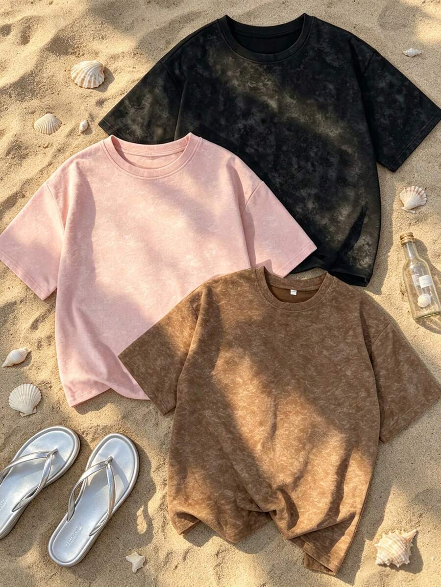 3pcs/Set Summer New Casual Tie-Dye Round Neck Short Sleeve T-Shirt, Fashionable & Versatile Women Tops - Black and Pink and Brown - View 1