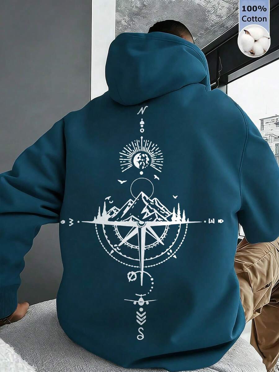 Men's Cotton Peacock Blue Top, Featuring A Sun, Moon, Mountains, And Rivers Pattern; Basic Loose-Fitting Hooded Sweatshirt; Soft, Breathable, Drop-Shoulder Long-Sleeved Top Suitable For Spring And Autumn. - Peacock Blue - View 1