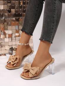 FVPFVP 2024 New Transparent Chunky Heel Slide Sandals, Fashion Crystal Heel Bowknot Slippers For Women, Summer - Apricot - View 2