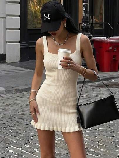 1 pieza Vestido de punto ajustado de cuello cuadrado para mujer, diseño con volantes, adecuado para verano, vacaciones, playa, calle, diario, trabajo, fiesta de oficina, salida, carnaval, festival de música, fiesta