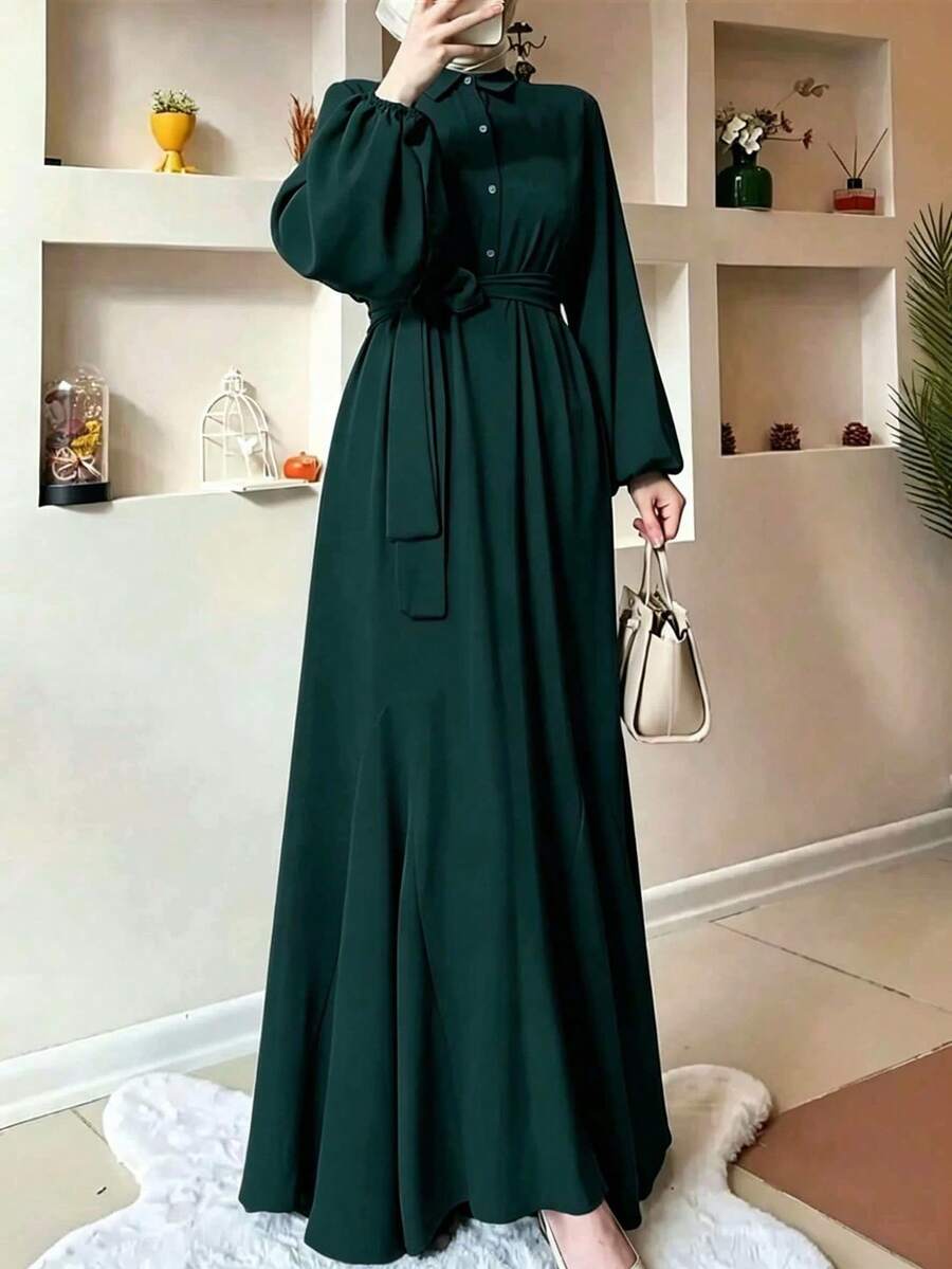 女士纯色翻领纽扣腰带设计复古法式灯笼袖连衣裙,四季皆宜,优雅大方 - 墨綠色 - 查看 1