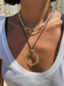 1 pieza Collar colgante geométrico asimétrico de círculo dorado grande minimalista, emparejado con cadena larga de cordón de cera negra multicapa, elegante y lujoso, regalo ideal para novia o madre - Dorado - Ver 12