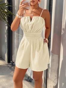AIJ Amarilo Women's Orange Solid Color Elegant Casual Sexy Adjustable Strap Backless Ruched Romper, Suitable For Summer, Spring, Beach Party, Wedding Guest, Graduation, Holiday - Apricot - View 6