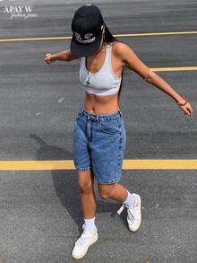 Women's Casual Bermuda Denim Shorts With Pockets Summer - Dark Wash - View 7