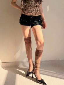 1 Pair Women's Spring Soft Pastel Lace Trim Fishnet Thigh High Socks, Versatile Wear - Brown - View 2
