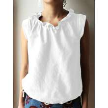 Casual Sleeveless Summer Top With Tie Neck In Solid Color Cotton And Linen - Dark Blue - View 3