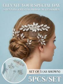 5PCS/SET Silver Rhinestone Bridal Hair Comb & Pins Set, Crystal Leaf Wedding Hair Accessories,Bridal Silver Rhinestone Hair Accessories Set, 1 Hair Comb And 4 U-Shaped Hair Pins,Festival,Birthday - Silver - View 3