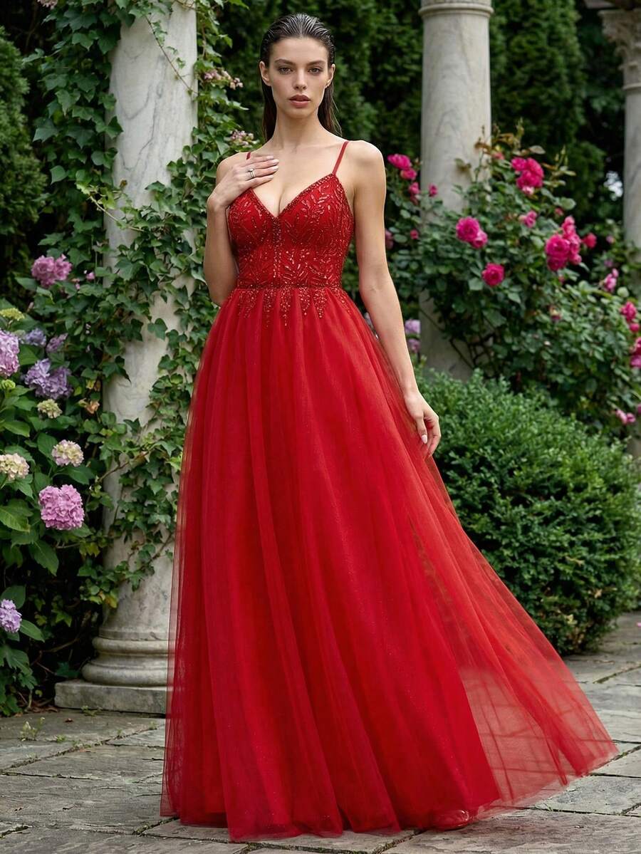 Elegant Burgundy Spaghetti Strap Beaded A-Line Mesh Party Dress, Perfect For Formal Occasions, Elegant Balls And Evening Parties, Also Suitable For Wedding Guests, Graduation Ceremonies, Evening Parties, Gatherings And Balls - Burgundy - View 1