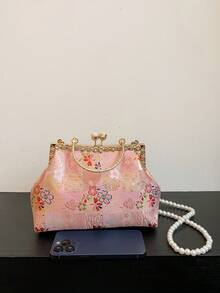 Bolso de embrague bordado con estampado de cuadros, bolso bandolera con perlas falsas, bolso de noche retro, bolso de vestido formal - Rosa - Ver 6