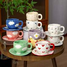 12oz Handmade Asymmetrical Arch Ceramic Cup & Saucer Set, Retro Thick Coffee Mug, High-Quality Afternoon Tea, Latte, Breakfast Milk, Yogurt, Oatmeal Cup, Suitable For Home, Cafe, Restaurant, Great Gift - Multicolor - View 2