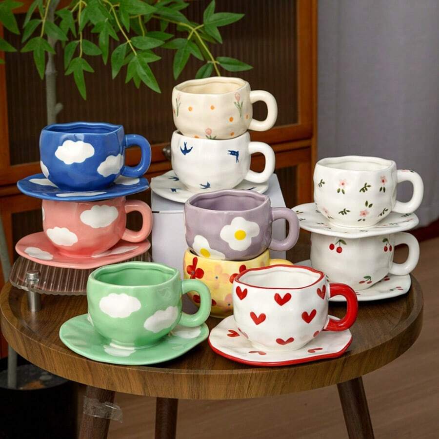 12oz Handmade Asymmetrical Arch Ceramic Cup & Saucer Set, Retro Thick Coffee Mug, High-Quality Afternoon Tea, Latte, Breakfast Milk, Yogurt, Oatmeal Cup, Suitable For Home, Cafe, Restaurant, Great Gift