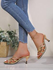 女士方头中跟交叉绑带凉拖鞋，适合通勤、约会、婚礼、派对等场合。 - 金色 - 查看 4