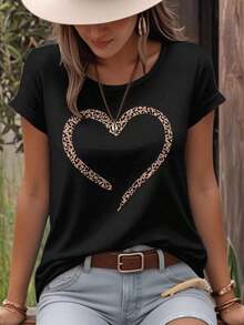 EMERY Women's Casual Crew Neck, Short-Sleeved Shirt With Heart Print, Ideal For Summer And New Year's Wear. Women's Graphic Tops - YGW - Black - View 8