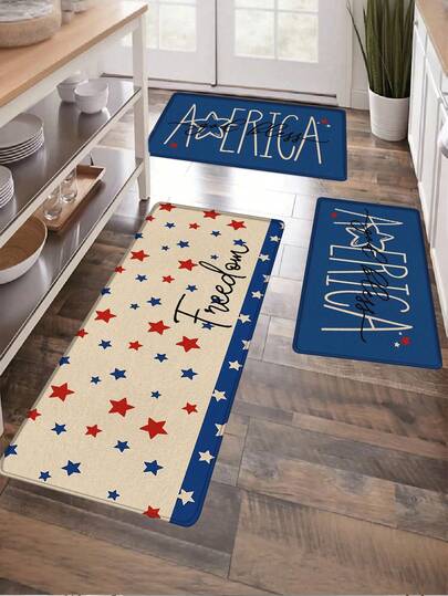 1pc Red White Blue Freedom Text American Country Style Kitchen Mat, Independence Day Carpet, Floor Covering/Mat, Mat, Doormat, Vinyl Kitchen Carpet, Hallway Carpet, Entrance Doormat, Suitable For Party, Holiday, Gathering, Gift, Banquet, Carpet, Doormat, Kitchen Mat, Area Rug, Kitchen Supplies, Kitchen Decor, Kitchen Pad, Kitchen Floor Mat, Kitchen Set, Foam Mat