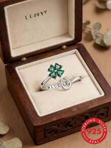 1pc 925 Sterling Silver Ring, Adding Luck And Luxury To Your Style. This Open-Band Ring Features A Sparkling Emerald-Cut Cubic Zirconia Stone In A Four-Leaf Clover Shape, Accented With Polished Silver-Plated Lucky Horseshoe Details And "LUCKY" Engraving. - Silver - View 2