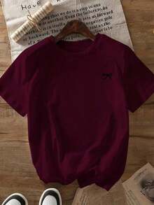 Camiseta de manga corta holgada con estampado de lazo y hombros anchos, casual, negra, de verano - Burdeos - Ver 2