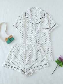 2pcs/Set Women's Mini Polka Dot Printed Pajama Set With Contrast Trim Button-Down Shirt And Bow Tie Shorts, Perfect For Home Wear In Summer White Set,Two Pieces Set - 白色 - 查看 1