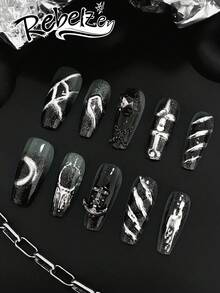 10 adesivos de unhas artesanais, unhas postiças, acessórios para unhas, formato de caixão, desenhos pintados à mão e em relevo 3D como cruz, caveira, lua, olhos, decoração com strass, base preta com glitter e detalhes prateados, ideais para estilos gótico, punk, subculturas, festas e uso diário. Acompanha cola e lixa de unha. Ótimo para o Dia das Mães, formatura e férias. - Preto - Ver 3