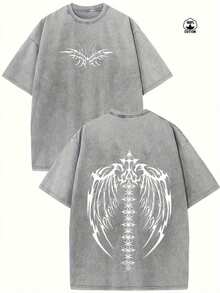 Camiseta de algodón de manga corta, estilo vintage, lavada y desgastada, de corte holgado, con delicada impresión de alas a doble cara. - Blanco - Ver 1