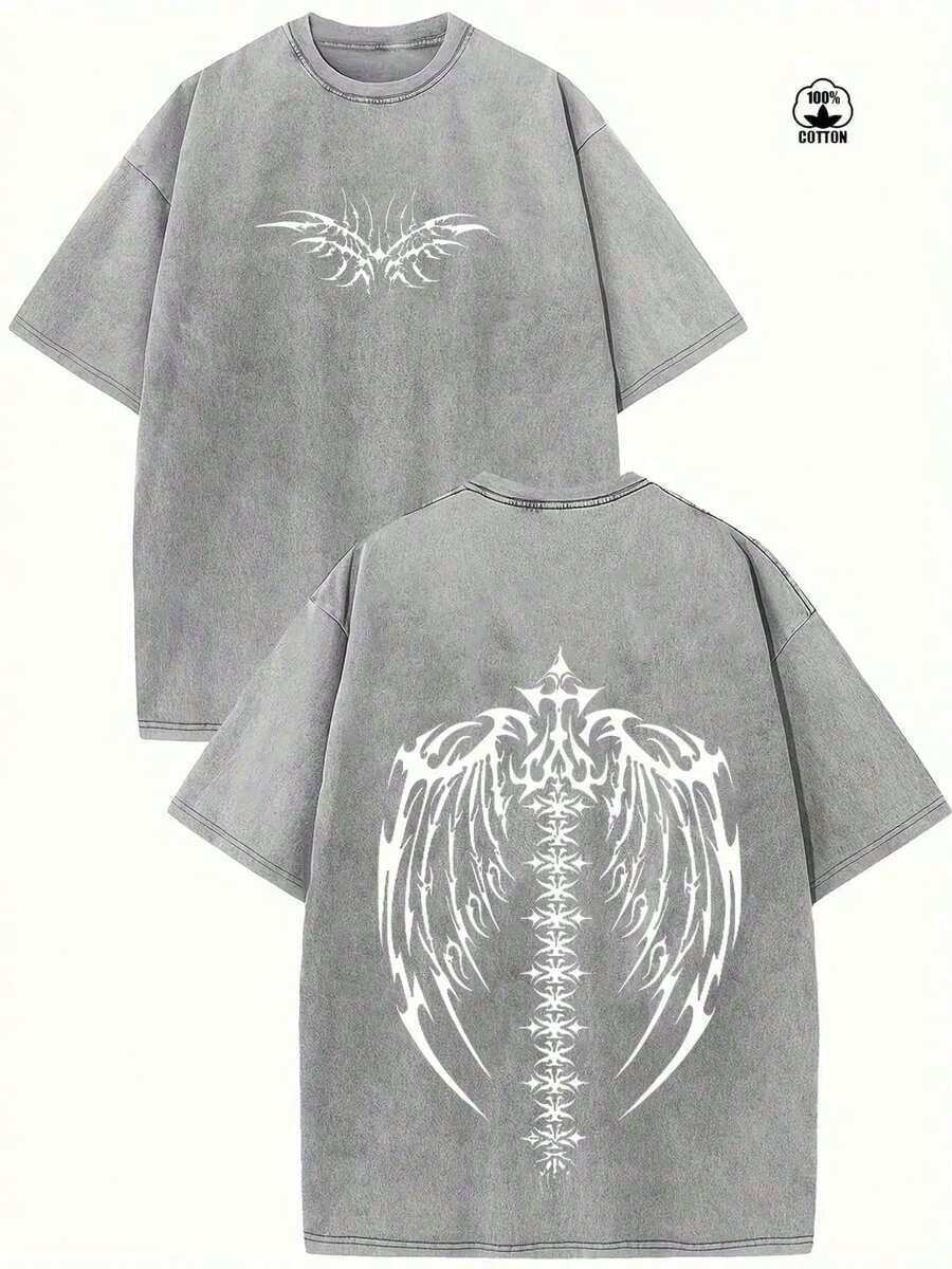 Camiseta de algodón de manga corta, estilo vintage, lavada y desgastada, de corte holgado, con delicada impresión de alas a doble cara. - Blanco - Ver 1