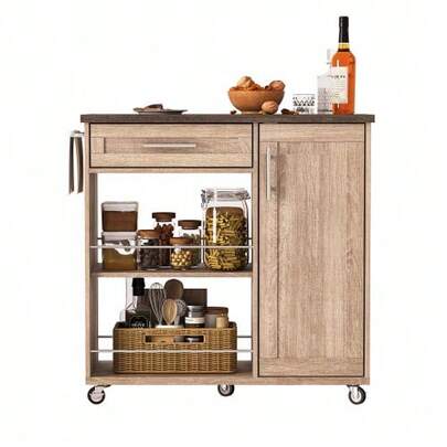 Kitchen Trolley With Wood-Look Top, Rolling Kitchen Trolley With Drawer, Cabinet & Open Shelves, Mobile Kitchen Island With Towel Rail & Lockable Wheels, 90x62x90 Cm, Sonoma Oak