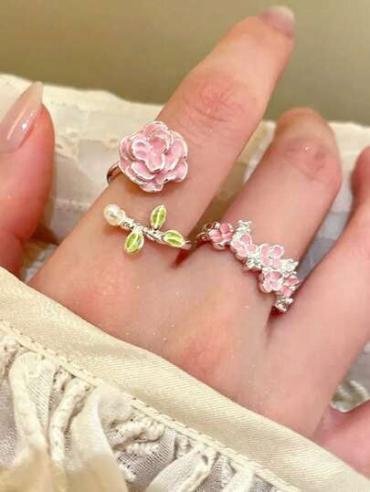 2件套粉色珐琅3D立体花朵开口戒指套装，甜美精致时尚高端百搭浪漫花朵珍珠戒指套装，友谊礼物