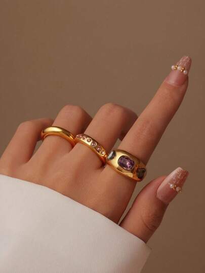 3件套时尚金属粉色水钻指节戒指套装，适合女士日常及节日佩戴