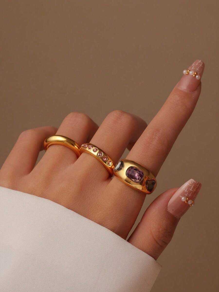 3件套时尚金属粉色水钻指节戒指套装，适合女士日常及节日佩戴 - 彩色 - 查看 1