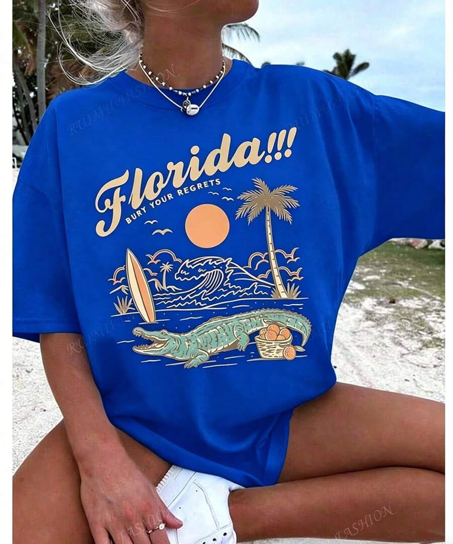 Florida Palm Tree Pattern T-Shirt -Women's Casual Vacation Short Sleeve T-Shirt, Round Neck Short Sleeve Top,Summer Outfits For Women - Summer Tops - 藍色2 - 查看 1