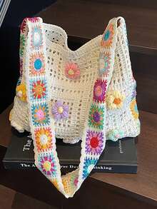 Handmade Crochet Grandmother Plaid Shoulder Bag, Colorful 3D Floral Woven Tote Bag, Bohemian Style Beach Bag, Hollow Knitted Vintage Bag, Dopamine Outfit Bag, Handwoven Bag, Large Capacity Underarm Bag For Summer, Elegant Crochet Handbag, Atmospheric Travel & Photo Prop Bag - Multicolor - View 12