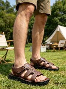 Men's Summer New PU Material Casual Beach Shoes Thick Sole Non-Slip Wear-Resistant Sandals Slippers - Brown - View 3