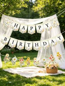 一套野花主题生日快乐横幅，生日派对三角旗，春季花卉主题婴儿派对用品，女孩生日派对装饰，新生儿性别揭晓派对墙面装饰，婴儿房装饰，一周岁生日装饰，生日派对用品 - 野花 - 查看 5
