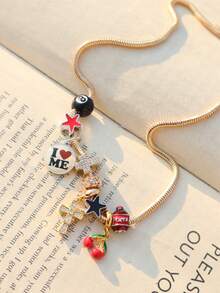 1pc Love Yourself Slogan Charm Necklace, Cross Necklace, Cherry Necklace, Star Necklace, Dark Star Necklace, Party Necklace - Gold - View 7